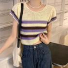 Short-sleeve Striped Crochet Knit Top Purple & Black & White - One Size