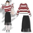 Striped Sweater / Mesh Hem Midi Knit Skirt