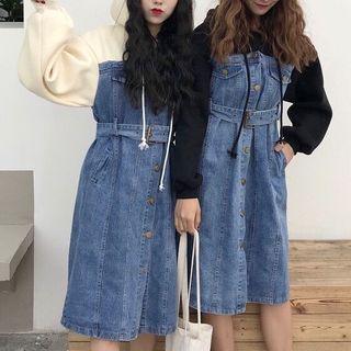 Hooded Long-sleeve Denim Panel Midi Dress