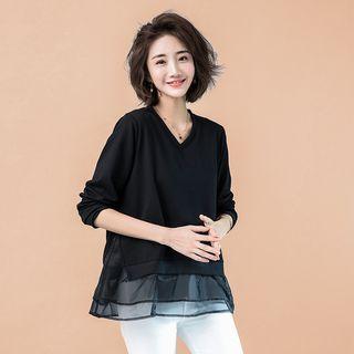 Mesh Panel V-neck Pullover