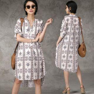 Open-placket Tab-sleeve Pattern Dress Ivory - One Size