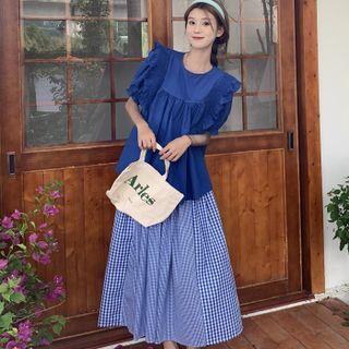 Puff-sleeve Ruffle Trim Blouse / Plaid Panel Midi Skirt
