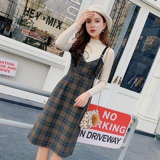 Set: Mock Neck Knit Top + Plaid Strappy A-line Dress