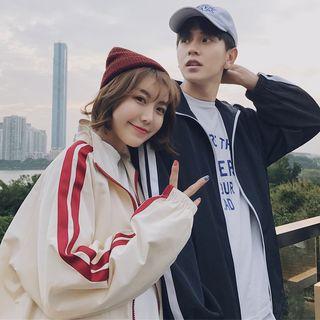 Couple Matching Contrast Panel Zip-up Jacket