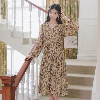 V-neck Printed Floral Button-up A-line Dress