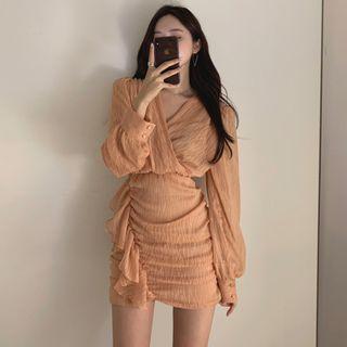 Long-sleeve Ruffle Trim Shirred Slim Fit Dress