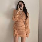 Long-sleeve Ruffle Trim Shirred Slim Fit Dress