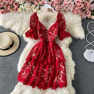 Short Sleeve Open Back Crochet Lace Dress