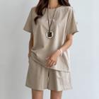 Set: Round-neck Short-sleeve Blouse + Band-waist Shorts