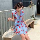 Short-sleeve Frill Trim Floral Chiffon A-line Mini Dress