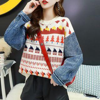 Denim-panel Jacquard Sweater