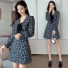 Floral Print Ribbon Long-sleeve A-line Mini Dress