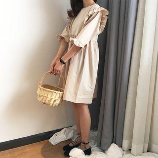 Elbow-sleeve Ruffle Trim A-line Dress