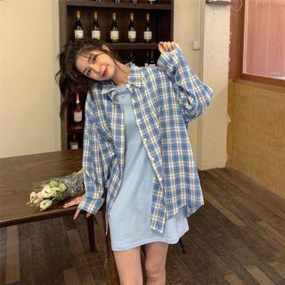 Plain Short-sleeve Dress + Long-sleeve Plaid Shirt