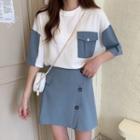 Elbow-sleeve Two-tone Panel T-shirt / Button Mini A-line Skirt