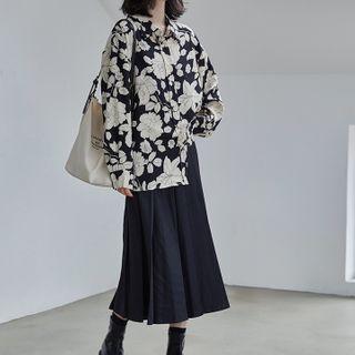 Flower Print Shirt / Midi Accordion Pleat Skirt