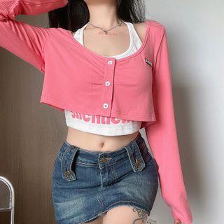 Set: Button-up Cropped Cardigan + Lettering Cropped Halter Top