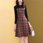 Patterned Collared Long-sleeve Midi A-line Dress