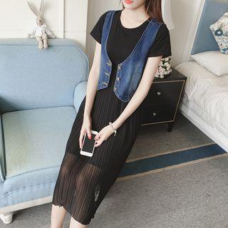 Set: Pleated Short Sleeve Chiffon Dress + Denim Vest