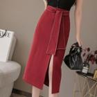 Tie-waist Side-slit Midi Pencil Skirt