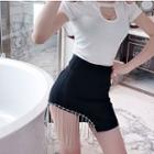 Fringe Paneled Mini Fitted Skirt