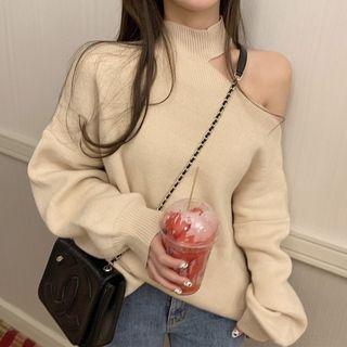 Long-sleeve Cutaway-shoulder Knit Top