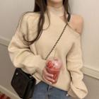 Long-sleeve Cutaway-shoulder Knit Top