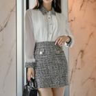 Long-sleeve Tweed Paneled Shirt / Mini Skirt