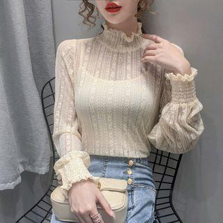 Ruffle Trim Mock-neck Lace Top