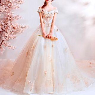 Off Shoulder Floral Detail Trained Wedding Gown