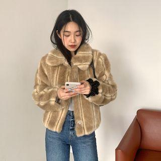Collared Striped Eco-fur Jacket