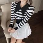 Striped Polo Knit Top / Pleated A-line Skirt