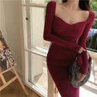 Square-neck Bodycon Long-sleeve Knit Dress