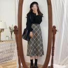 Set: Balloon-sleeve Polo Knit Top + Argyle Print Midi A-line Skirt