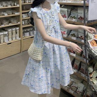 Sleeveless Floral Check Smock Dress Dress - Floral - Blue & White - One Size