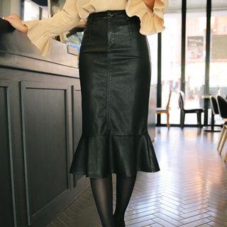 Ruffle-hem Faux-leather Midi Skirt
