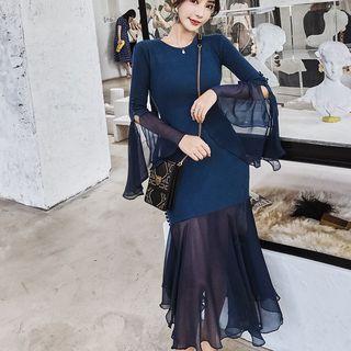Long-sleeve Mesh-panel Midi Mermaid Knit Dress