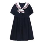 Short-sleeve Sailor Collar Dress Dark Blue - One Size