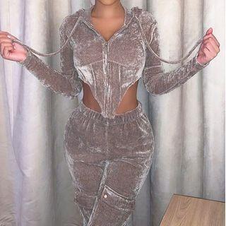 Set: Asymmetrical Hooded Cropped Jacket + Harem Pants