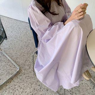 Balloon-sleeve Shirred Long Cotton Dress