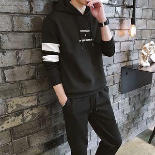 Set: Contrast-trim Lettering Hoodie + Jogger Pants