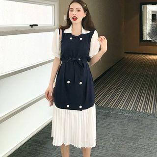 Short-sleeve Double-breasted Mock Two-piece Dress