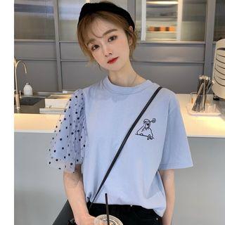 Elbow-sleeve Polka Dot Mesh Paneled Embroidered T-shirt