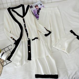 Set: Contrast Trim Knit Camisole + Cardigan + Wide-leg Pants
