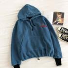 Embroidered Faux Shearling Long-sleeve Hooded Sweatshirt Blue - One Size