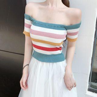 Striped Short-sleeve Off-shoulder Top / A-line Midi Mesh Skirt