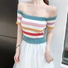 Striped Short-sleeve Off-shoulder Top / A-line Midi Mesh Skirt