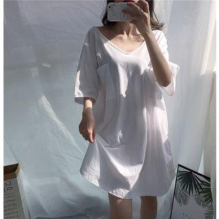 V-neck Elbow-sleeve Mini T-shirt Dress White - One Size