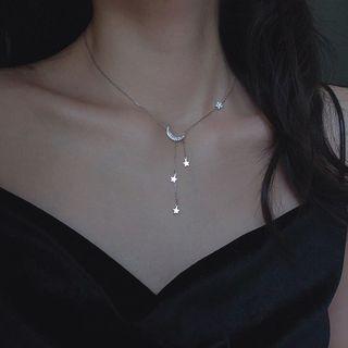 925 Sterling Silver Rhinestone Crescent & Star Necklace Silver - One Size