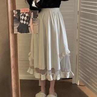 Contrast Trim Blouse / Ruffle Mesh Panel Midi A-line Skirt